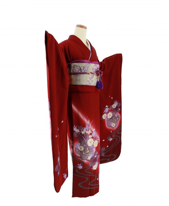 参列振袖[レトロシンプル][個性派古典]赤に紫の桜と菖蒲[身長166cmまで