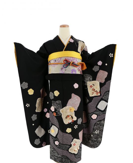 kimonosk振袖75　f　着物　振袖フルセット　振袖　黒地　銀通し　刺繍　絞り　成人式　卒業式