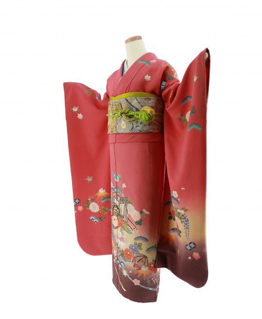 正絹 振袖 袋帯セット サーモンピンク 身長〜170cm 2-206-5 - 着物・浴衣