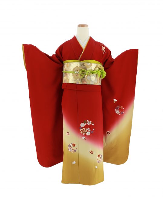 成人式振袖[シンプル古典]赤に桜の刺繍[身長170cmまで]No.555｜着物 