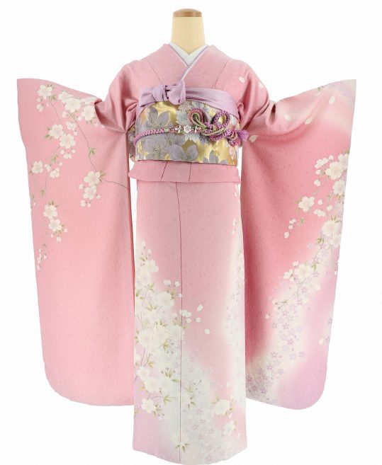 着物リメイク★154★ピンク振袖ホルターネックロングワンピース・ストール★菊 リメイク振袖「オリジナル打掛」 &frasl; オリフリ