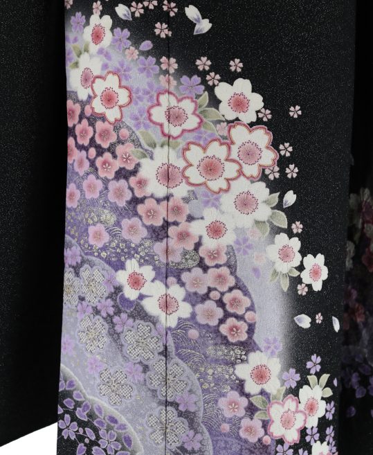 成人式振袖[絞り]黒にピンクと紫の桜[身長171cmまで]No.589｜着物