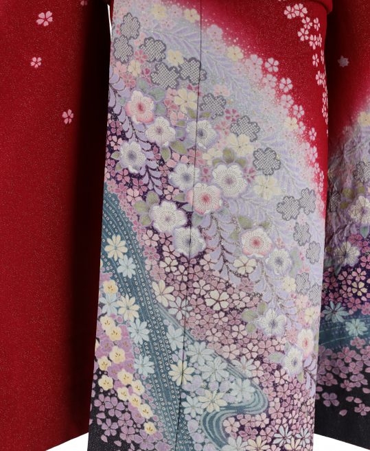 参列振袖[辻が花][古典]赤×紫・おぼろ絞りの桜[身長168cmまで]No.597