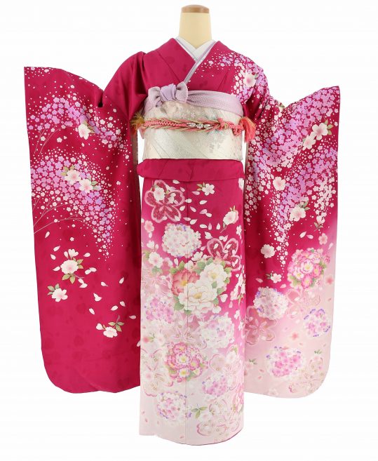 成人式振袖[anan]ローズピンク裾薄ピンク・牡丹と桜の花の丸[身長172cm 