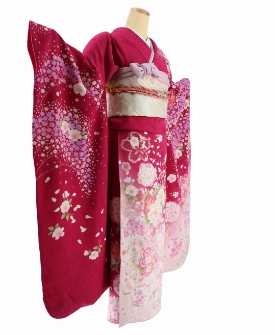 成人式振袖[anan]ローズピンク裾薄ピンク・牡丹と桜の花の丸[身長172cm 