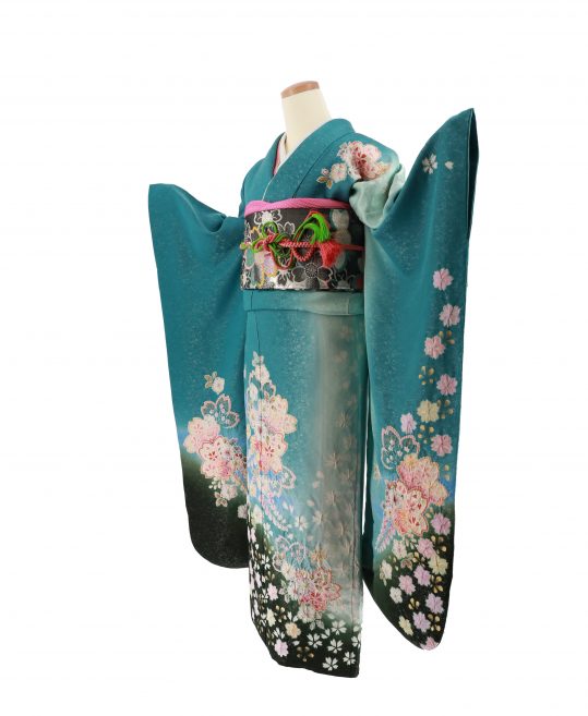 成人式振袖 辻が花 青緑に絞りの花柄 身長157cmまで No 630 着物レンタルのkanemata カネマタ