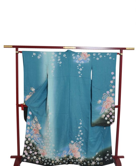 成人式振袖 辻が花 青緑に絞りの花柄 身長157cmまで No 630 着物レンタルのkanemata カネマタ