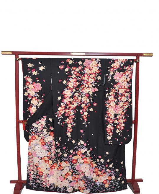 参列振袖[レトロガーリー]黒にセピア調の八重桜と牡丹[身長170cmまで]No.638