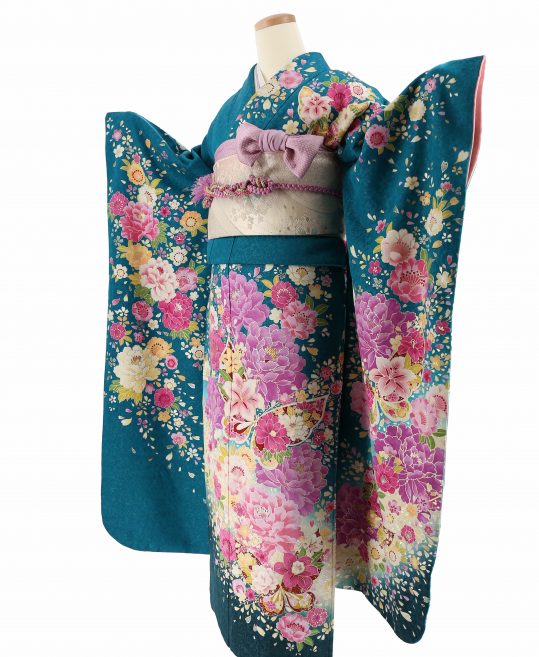 成人式振袖[かわいい系]青緑に裾ぼかし・紫ピンク黄の牡丹、桜、百合  