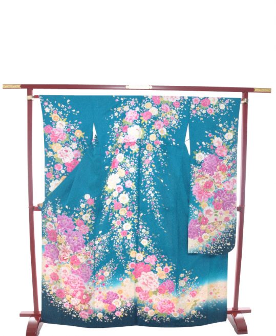 成人式振袖[かわいい系]青緑に裾ぼかし・紫ピンク黄の牡丹、桜、百合  