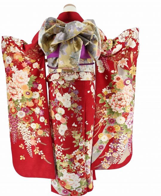 成人式振袖[古典柄]濃い赤に白紫の牡丹、藤、衣桁[身長161cmまで]No 