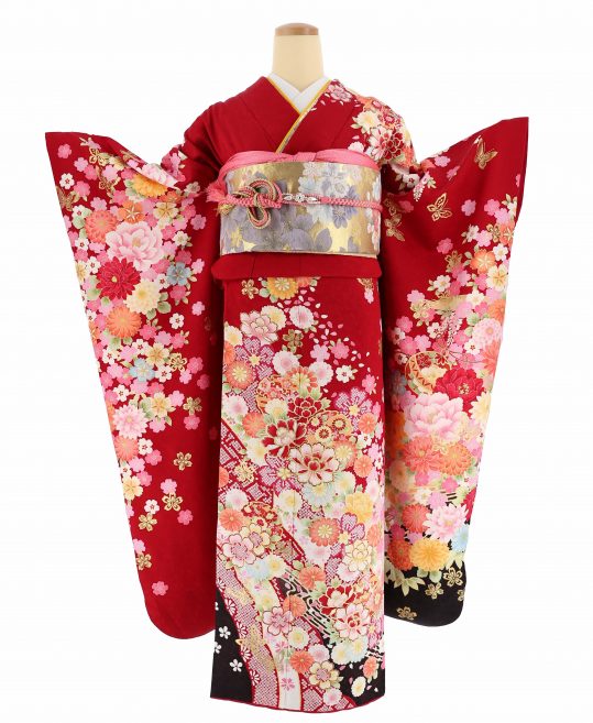 成人式振袖[かわいい系]赤に焦げ茶・オレンジピンクの小さい花々[身長 