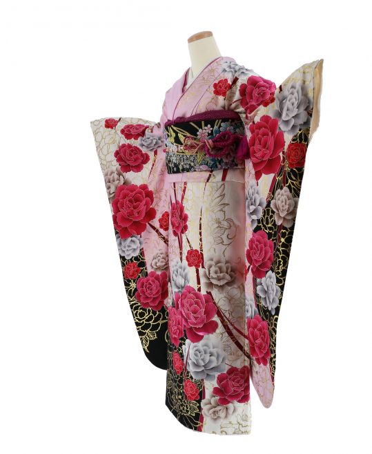 爆売り 帯揚げ 帯締め バッグ 草履 ショール 帯 着物 正絹 和装 パーティー 結婚式 22年 成人式 Mサイズ 振り袖 グラデ 黒ピンク 薔薇 Y123 フルセット 27点 振袖 限定2万円クーポン P10倍 レンタル 重ね襟 バラ 長襦袢 半衿 着物セット