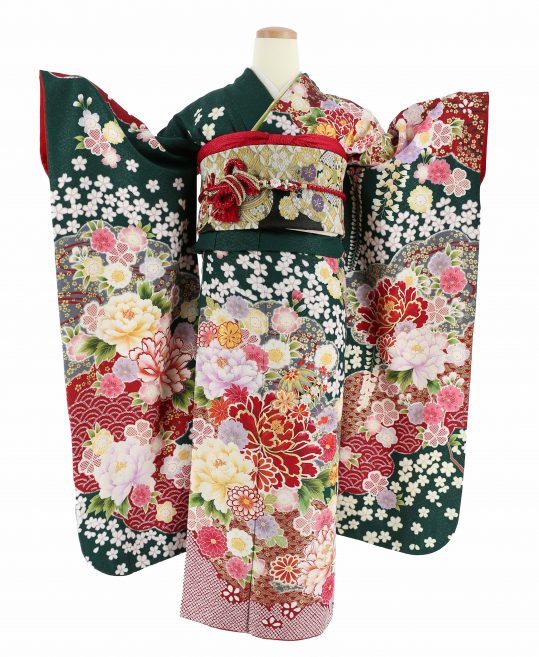 成人式振袖[2Lサイズ・ひいな]深緑地に牡丹と毬、桜[身長173cmまで]No 