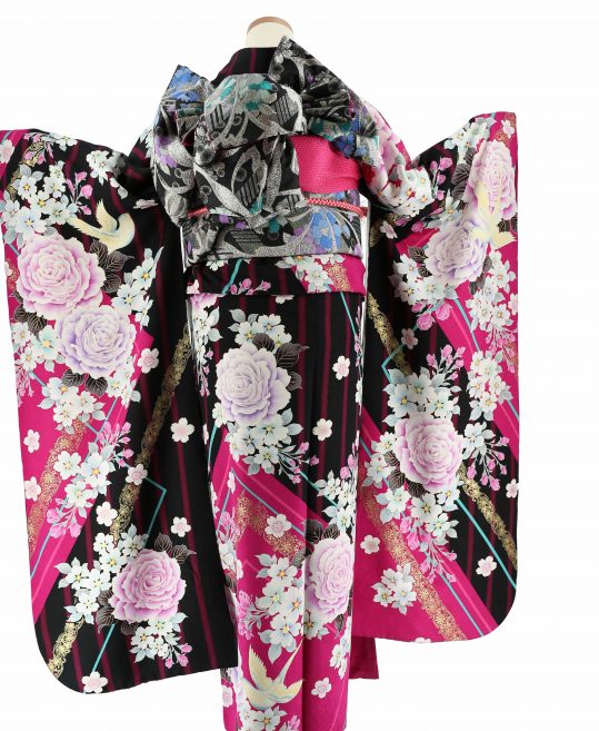 振袖フルセット 7点セット いらだっ 黒 ピンク うす紫 バラ柄 身長152 