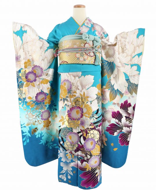 成人式振袖[ROLA]スカイブルーに白の大きな牡丹、金紫の桜[身長175cm 