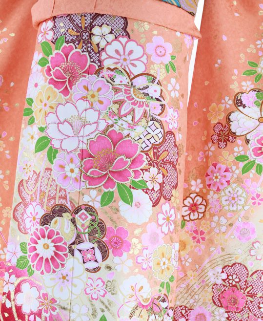成人式振袖[かわいい]明るいオレンジ裾濃ピンクぼかし・黄ピンクの桜 