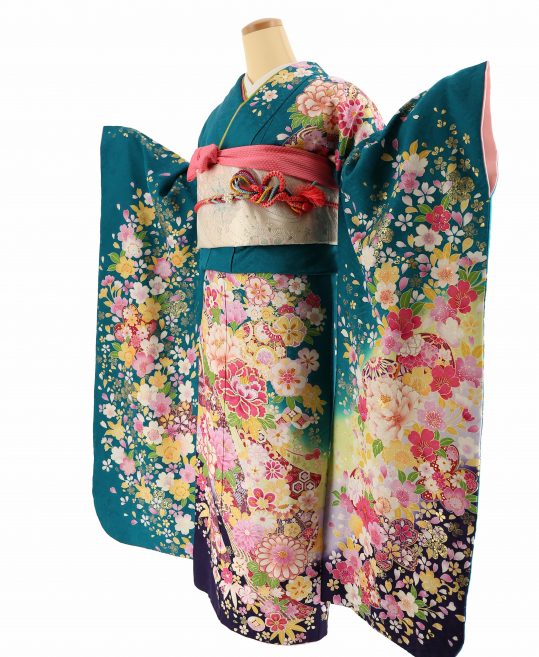 成人式振袖[かわいい系]青緑に黄ぼかし裾濃紫・牡丹、桜、毬[身長169cm 