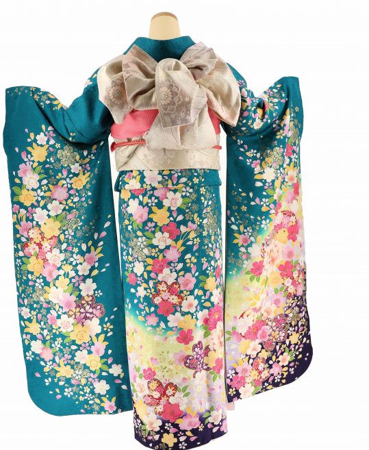 振袖 明るい緑色とピンクのぼかしに鞠や草花 | アンティーク 