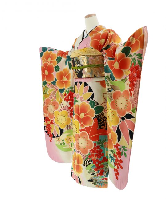成人式振袖 田中里奈 レトロモダン クリームにオレンジ椿 身長173cmまで No 916 着物レンタルのkanemata カネマタ