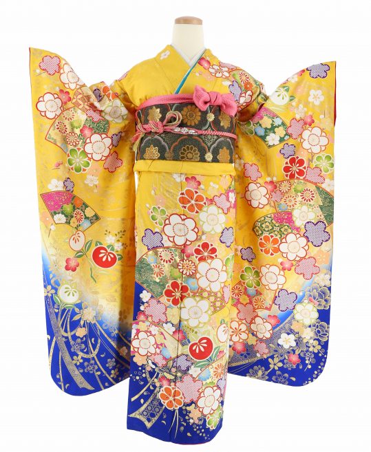 ワ【12-9】◇豪華 振袖7点セット◇オレンジ×イエロー系◇金糸使い 