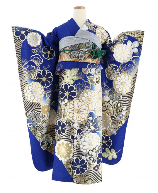 成人式振袖[クール系]青地にゴールドの梅と菊、流水文様[身長176cmまで  