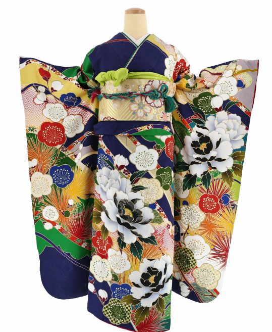 振袖 金通し紺小花流れ洋花 大振袖 重 