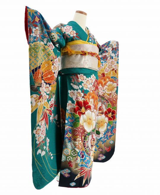 成人式振袖[古典柄]エメラルドグリーンに椿、松、扇、鼓、桜[身長165cm 