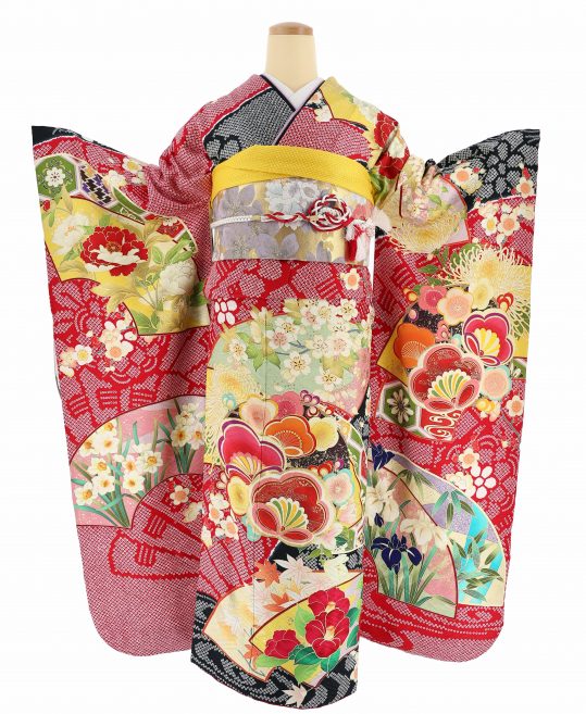振袖フルセット 白×グリーン×チェリーレッド 総絞り 着物・浴衣 - 着物 