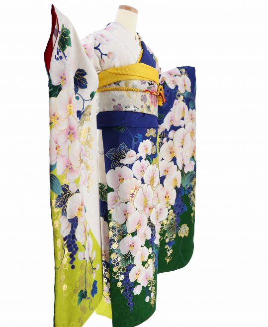 参列振袖[片身替わり]花紺×白×緑・胡蝶蘭と葡萄[身長167cmまで]No.988 
