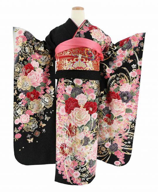 成人式振袖[ガーリー]黒に白ぼかし・赤ピンクのバラ、金の蝶と牡丹  