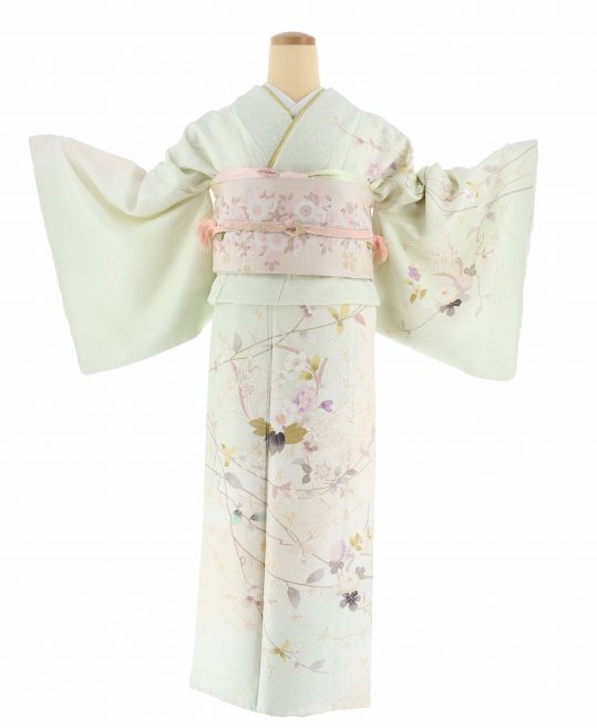 訪問着[加賀友禅]薄いペーパーミントグリーンにクリームぼかし・草花  