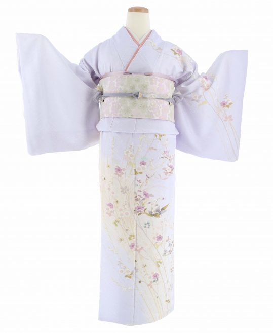 訪問着[加賀友禅]薄紫にクリームぼかし・草花[身長174cmまで]No.618 