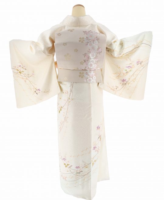 訪問着[加賀友禅]クリームに紫と白の草花[身長174cmまで]No.619｜着物  