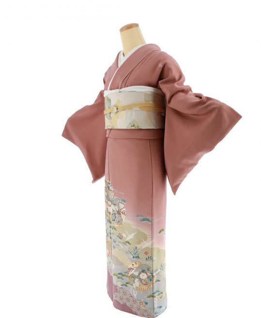 色留袖No.476 | 赤茶色・あずき色ぼかしに雪輪、扇に花 | 5紋 [身長 