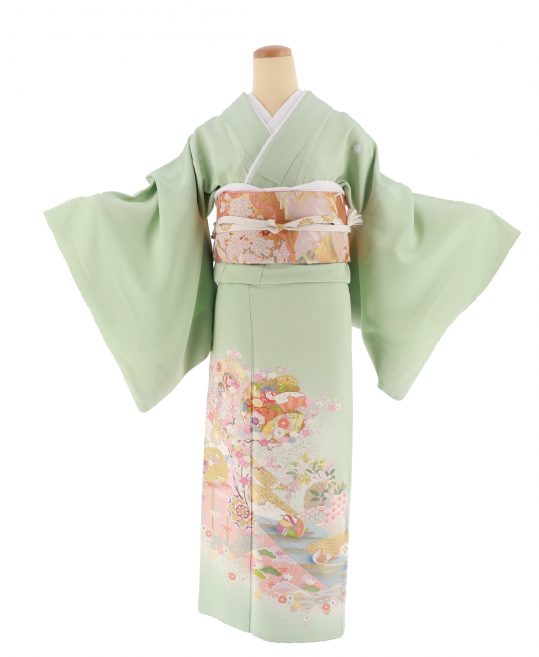 色留袖No.532 | 黄緑色地にオシドリ、扇に桜 | 5紋 [身長170cmまで 