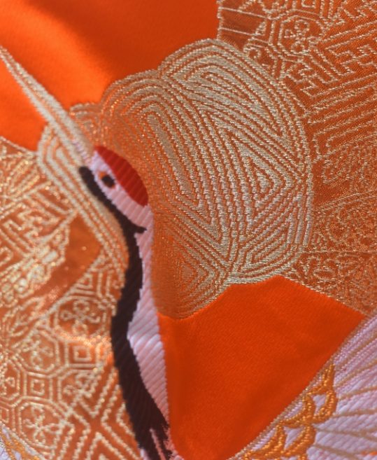 結婚式の色打掛・花嫁用着物|オレンジ×金地に鶴の刺繍 No.170