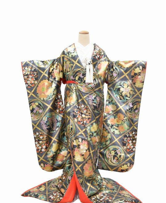 結婚式の色打掛・花嫁用着物|グレー地に箔で幾何学文様に花柄 No.204 