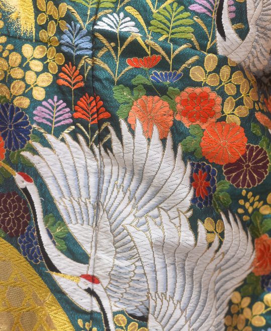 結婚式の色打掛・花嫁用着物|青緑地に小花と鶴の刺繍 No.269