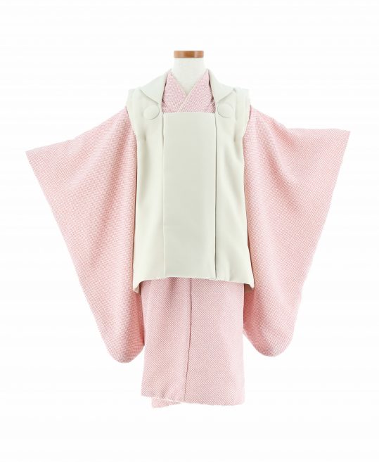 新品未使用】七五三 3歳 女の子 被布フルセット ピンク赤 無地 招き
