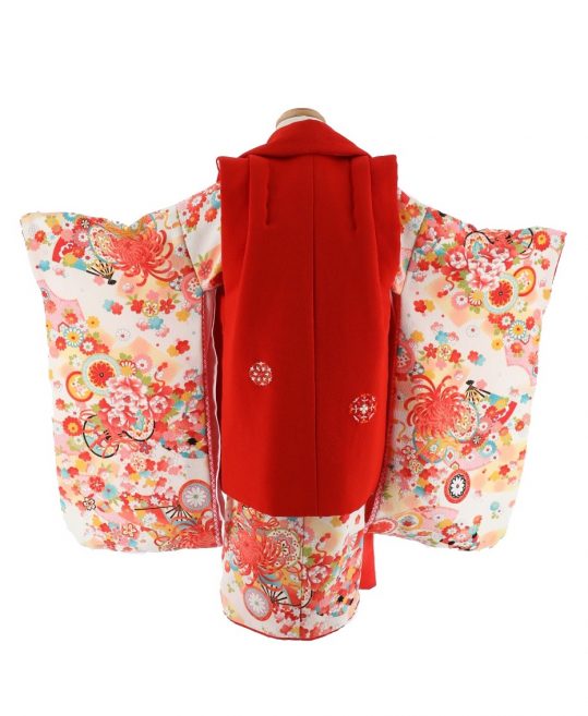 七五三 3歳女の子用被布[アンティーク風](被布)赤に華文(着物)白に菊と 