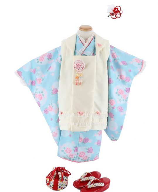 七五三 3歳女の子用被布[ひさかたろまん]白にフリルレース(着物)水色に 