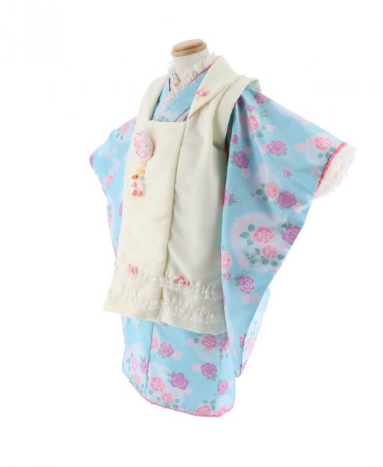七五三 3歳女の子用被布[ひさかたろまん]白にフリルレース(着物)水色に 
