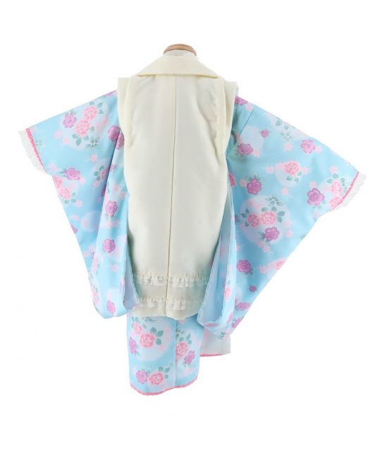 七五三 3歳女の子用被布[ひさかたろまん]白にフリルレース(着物)水色に 