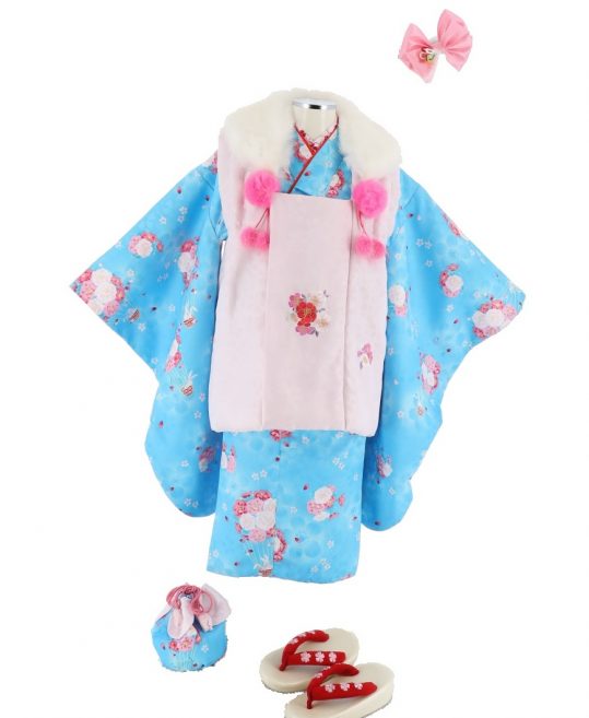 七五三 3歳女の子用被布[ポップ]淡いピンクに花(着物)スカイブルーに花 