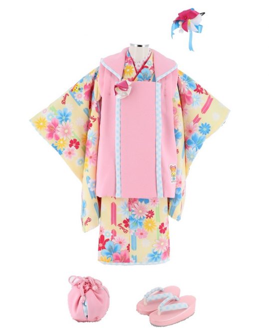 七五三 3歳女の子用被布[DAISY LOVERS]ピンクチェック(着物)黄色に菊と 
