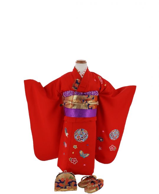 七五三 7歳用女の子高級着物赤色系　刺繍入り　鹿の子柄　鞠h1084