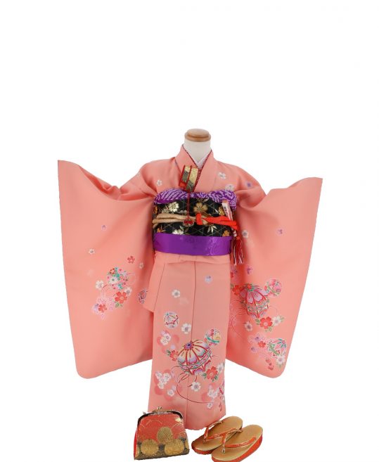 七五三 3歳 女の子用 三つ身 No 229 Y 濃いサーモンピンク色 毬に桜 着物レンタルのkanemata カネマタ