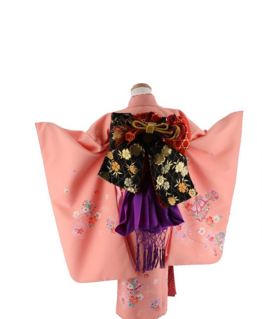 七五三 3歳 女の子用 三つ身 No 229 Y 濃いサーモンピンク色 毬に桜 着物レンタルのkanemata カネマタ