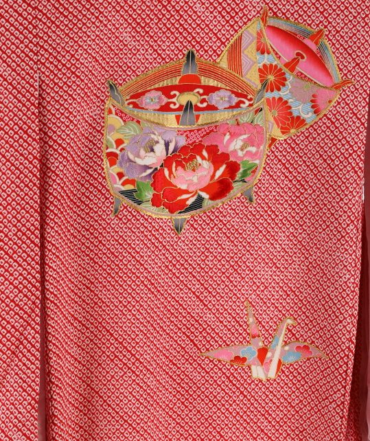 お宮参りの女の子用初着・産着 [絞り]赤地に折り鶴と鈴No.05